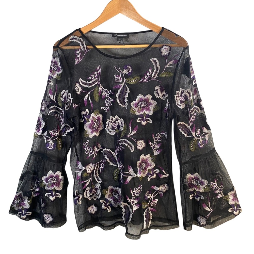Y2k INC Top XXL Mesh Floral Embroidered Bell Sleeve Fairy Grunge Whimsigoth‎